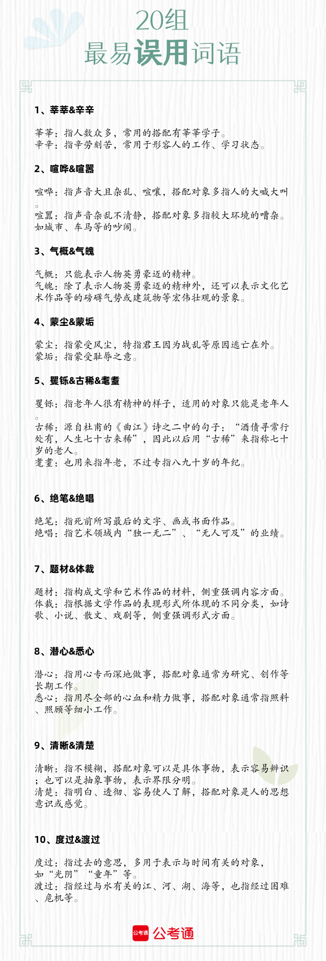 行测常考的20组最易误用词语，你能分清几组？